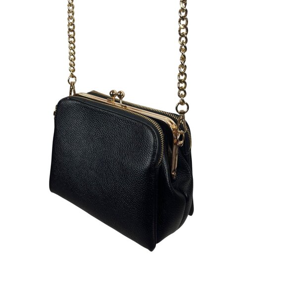 Jen & Co Black Faux Leather Crossbody Bag Gold Tone Chain Link Kisslock Purse Sh - Picture 1 of 12